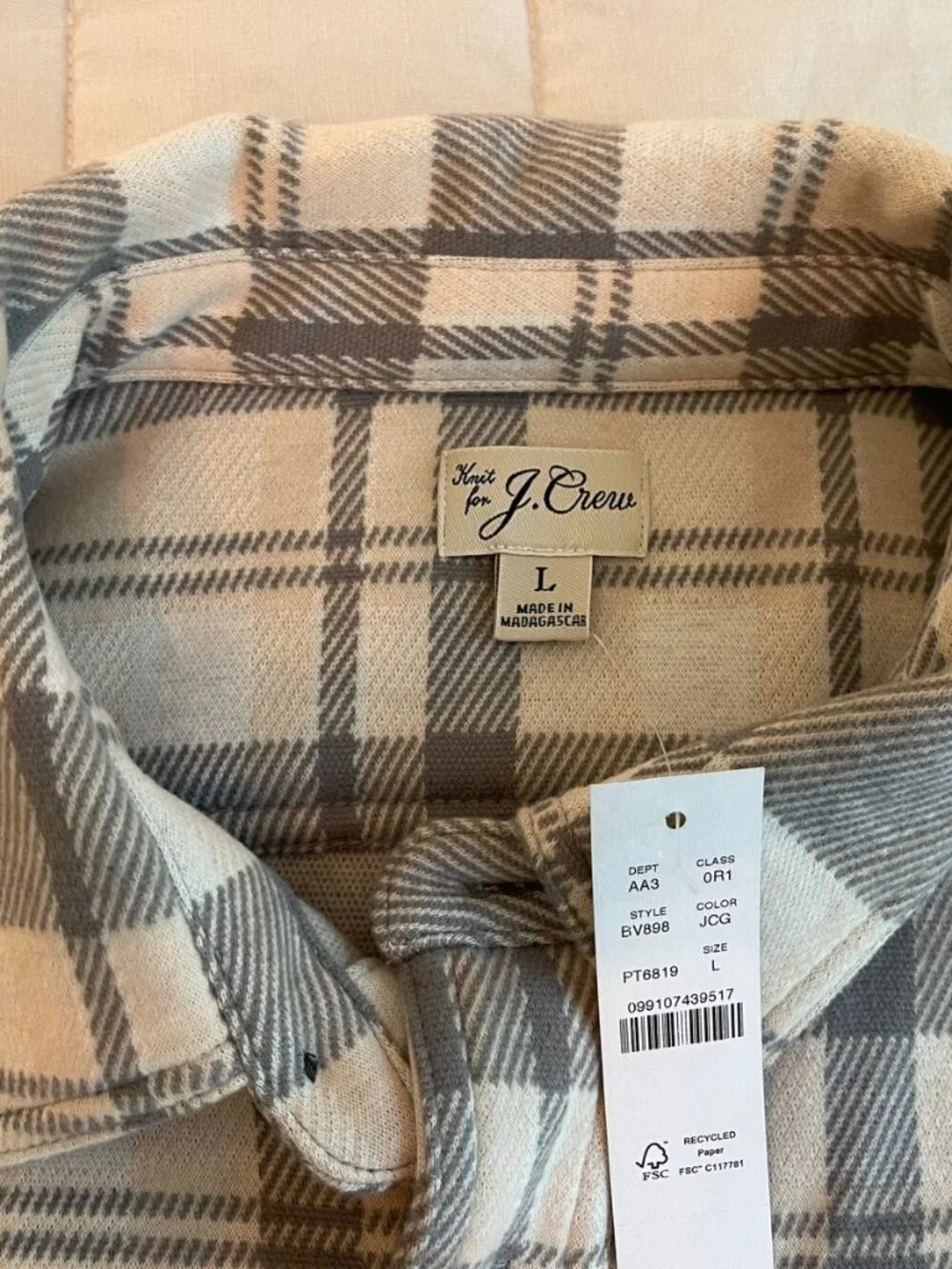 J.Crew Seaboard Flannel Shirt Grey Cream Plaid NWT Size L